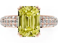Fancy Yellow Emerald Cut Diamond Solitaire Ring Set in Rose gold with Multi-Row Round Pavé Band and Prong Setting