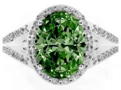 Fancy Green Oval Cut Diamond Halo Split Shank Pavé Ring Set in Silver with Prong Setting