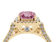 Fancy Pink Radiant Cut Diamond Halo Ring Set in Yellow gold with Pavé-Lined Split Shank Band