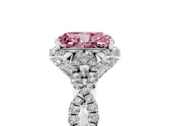 Fancy Pink Radiant Cut Diamond Halo Twist Band Solitaire Ring Set in Silver with Prong-Set Center Stone