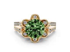Fancy Green Round Cut Diamond Floral Halo Split Shank Engagement Ring Set in Yellow gold with Pavé Shank