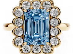 Fancy Blue Emerald Cut Diamond Halo Cluster Engagement Ring Set in Yellow gold with Solitaire Band and Prong Setting