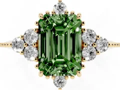 Fancy Green Emerald Cut Diamond Cluster Ring Set in Yellow gold with Beaded Band