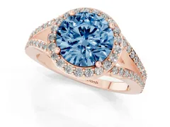 Fancy Blue Round Cut Diamond Halo Split Shank Ring Set in Rose gold with Accent Stones and Prong Setting