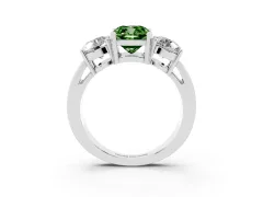 Fancy Green Cushion Cut Diamond Three-Stone Ring Set in White gold with Round Side Stones and Classic Band
