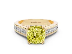 Fancy Yellow Cushion Cut Diamond Channel Set Solitaire Engagement Ring Set in Yellow gold with Prong Setting