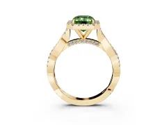 Fancy Green Emerald Cut Diamond Halo Twist Band Solitaire Ring Set in Yellow gold with Prong Setting
