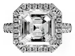 Asscher Cut Diamond Halo Engagement Ring Set in Platinum with Pavé Band and Prong-Set Center