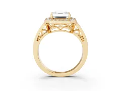 Asscher Cut Diamond Halo Ring Set in Yellow gold with Pavé and Bezel Accent Split Shank