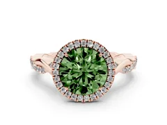 Fancy Green Round Cut Diamond Halo Twist Band Solitaire Ring Set in Rose gold with Prong Setting