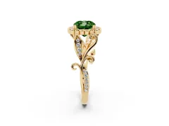 Fancy Green Cushion Cut Diamond Halo Ring Set in Yellow gold with Leaf Motif Split Shank and Prong Setting