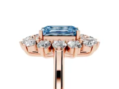 Fancy Blue Emerald Cut Diamond Floral Double Halo Ring Set in Rose gold with Round Petals