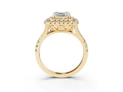 Asscher Cut Diamond Double Halo Ring Set in Yellow gold with Pavé Split Shank and Prong Setting