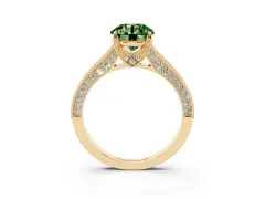 Fancy Green Round Cut Diamond Solitaire Ring Set in Yellow gold with Milgrain-Edged Pavé Band and Prong Setting