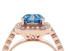 Fancy Blue Cushion Cut Diamond Milgrain Halo Solitaire Ring Set in Rose gold with Bezel Set Side Stones and Pavé Band