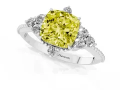 Fancy Yellow Cushion Cut Diamond Cluster Ring Set in White gold with Beaded Band