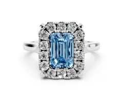Fancy Blue Emerald Cut Diamond Cluster Halo Solitaire Ring Set in Platinum with Prong Setting