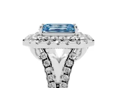 Fancy Blue Emerald Cut Diamond Double Halo Ring Set in Platinum with Pavé Split Shank and Prong Setting