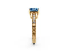 Fancy Blue Asscher Cut Diamond Solitaire Pavé Milgrain Engagement Ring Set in Yellow gold with Prong Setting