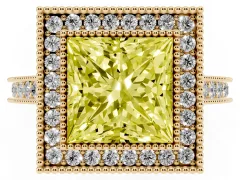 Fancy Yellow Princess Cut Diamond Halo Milgrain Pavé Band Ring Set in Yellow gold with Prong Setting