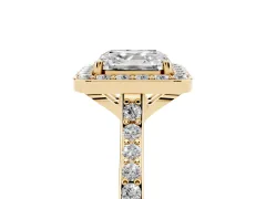 Asscher Cut Diamond Halo Engagement Ring Set in Yellow gold with Round Pavé Shoulders and Heart Gallery