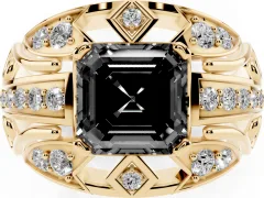 Fancy Black Asscher Cut Diamond Art Deco Ring Set in Yellow gold with Pavé Split Shank