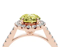 Fancy Yellow Oval Cut Diamond Pavé Halo Engagement Ring Set in Rose gold with Pavé Band and Prong Setting