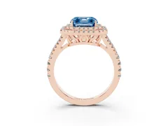 Fancy Blue Asscher Cut Diamond Double Halo Ring Set in Rose gold with Pavé Band