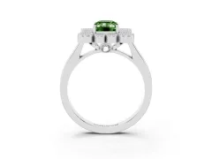 Fancy Green Emerald Cut Diamond Cluster Halo Ring Set in White gold with Milgrain Bezel Accents and Plain Band