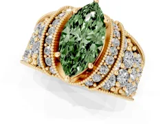 Fancy Green Marquise Cut Diamond Milgrain Halo Pavé Engagement Ring Set in Yellow gold with Prong Setting