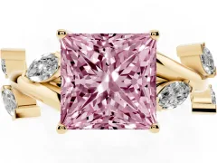 Fancy Pink Princess Cut Diamond Solitaire Ring Set in Yellow gold with Twisted Marquise Accent Band