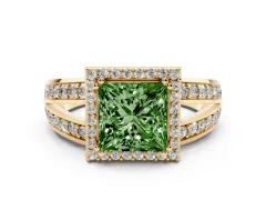 Fancy Green Princess Cut Diamond Halo Ring Set in Yellow gold with Double Pavé Split Shank