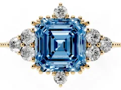 Fancy Blue Asscher Cut Diamond Cluster Ring Set in Yellow gold with Beaded Band