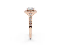 Cushion Cut Diamond Milgrain Halo Solitaire Ring Set in Rose gold with Bezel Set Side Stones and Pavé Band