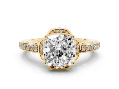 Cushion Cut Diamond Halo Ring Set in Yellow gold with Channel Set Band and Prong Setting