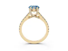 Fancy Blue Heart Cut Diamond Solitaire Ring Set in Yellow gold with Brilliant Pavé Band and Prong Setting