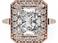 Radiant Cut Diamond Halo Ring Set in Rose gold with Accent-Lined Split Shank and Prong Setting