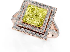 Fancy Yellow Princess Cut Diamond Double Halo Ring Set in Rose gold with Pavé Band