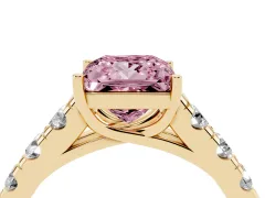 Fancy Pink Princess Cut Diamond Solitaire Ring Set in Yellow gold with Cut-Down Micro Pavé Band and Prong Setting