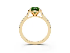 Fancy Green Radiant Cut Diamond Solitaire Ring Set in Yellow gold with Pavé Band and Floral Prong Setting