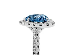 Fancy Blue Heart Cut Diamond Pavé Halo Engagement Ring Set in Platinum with Pavé Band and Prong Setting