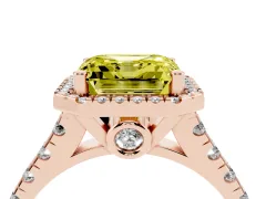 Fancy Yellow Asscher Cut Diamond Halo Engagement Ring Set in Rose gold with Pavé Band and Prong-Set Center