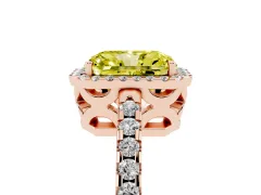 Fancy Yellow Radiant Cut Diamond Halo Ring Set in Rose gold with Pavé Shoulders and Halo-Framed Center