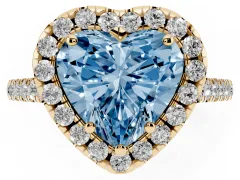 Fancy Blue Heart Cut Diamond Pavé Halo Engagement Ring Set in Yellow gold with Pavé Band and Prong Setting