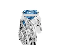 Fancy Blue Asscher Cut Diamond Solitaire Ring Set in White gold with Layered Twist Pavé Band