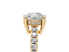 Cushion Cut Diamond Solitaire Engagement Ring Set in Yellow gold with Pavé Band and Prong Setting
