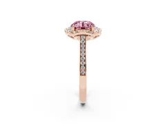 Fancy Pink Round Cut Diamond Halo Ring Set in Rose gold with Pavé-Lined Shoulders and Prong Setting