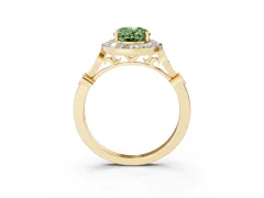 Fancy Green Oval Cut Diamond Halo Engagement Ring Set in Yellow gold with Twisted Band and Prong Setting