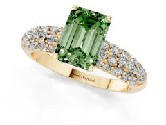 Fancy Green Emerald Cut Diamond Pavé Band Solitaire Ring Set in Yellow gold with Close-Set Accent Stones and Prong Setting