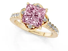 Fancy Pink Princess Cut Diamond Solitaire Ring Set in Yellow gold with Pavé Band and Floral Prong Setting